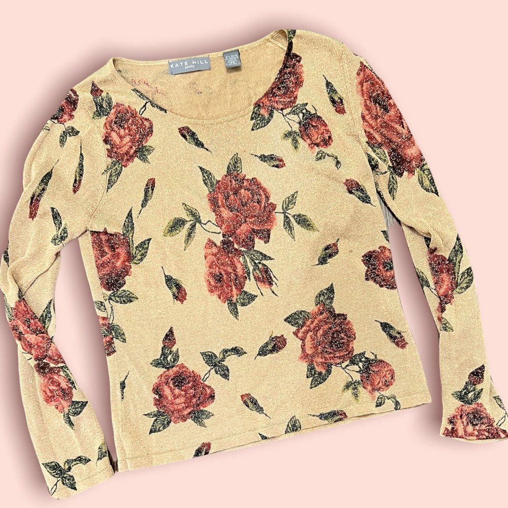 Small Petite vintage shiny metallic floral sweater